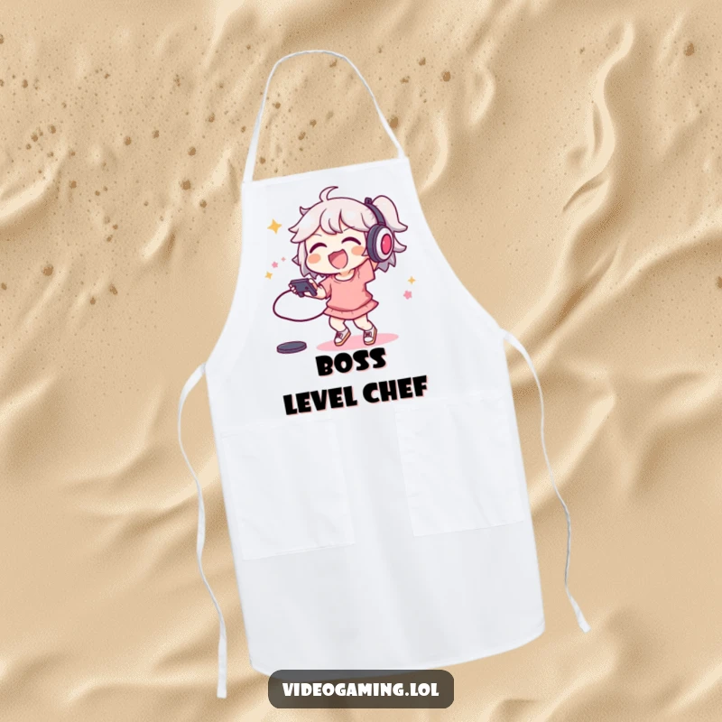 Funny apron showing a joyful character dancing with a controller, ready to cook and play.
