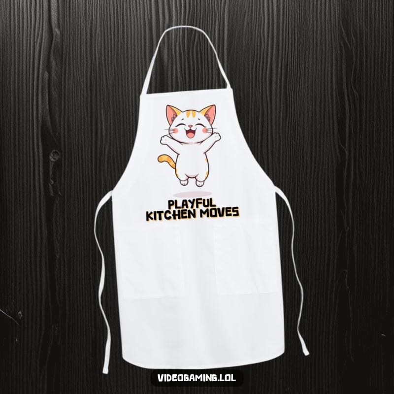 Funny apron showcasing an excited cat jumping with glee, designed for kitchen fun and protecting clothes with humor.