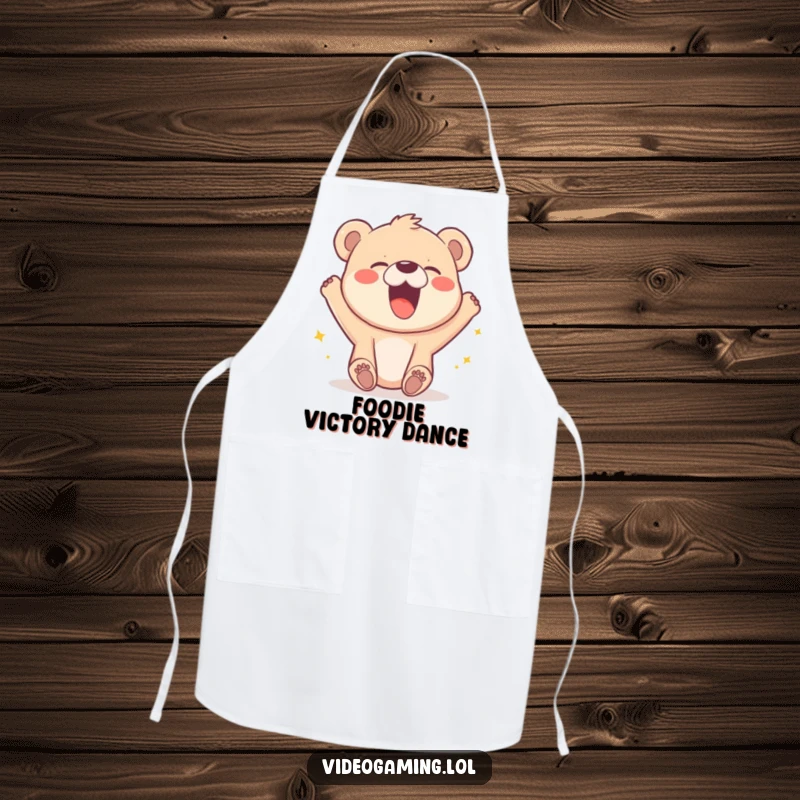 Funny apron with a joyful bear cub laughing heartily at a pixelated character winning a game.