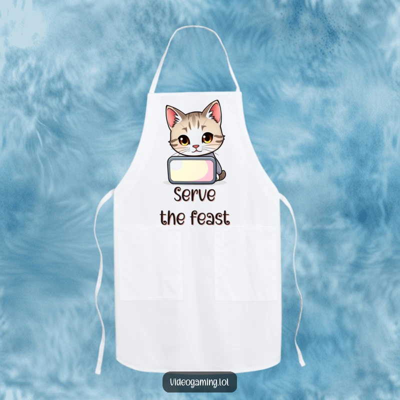 Funny cat in a chef hat, intently peering at a glowing screen, perhaps studying recipes, a hilarious apron.