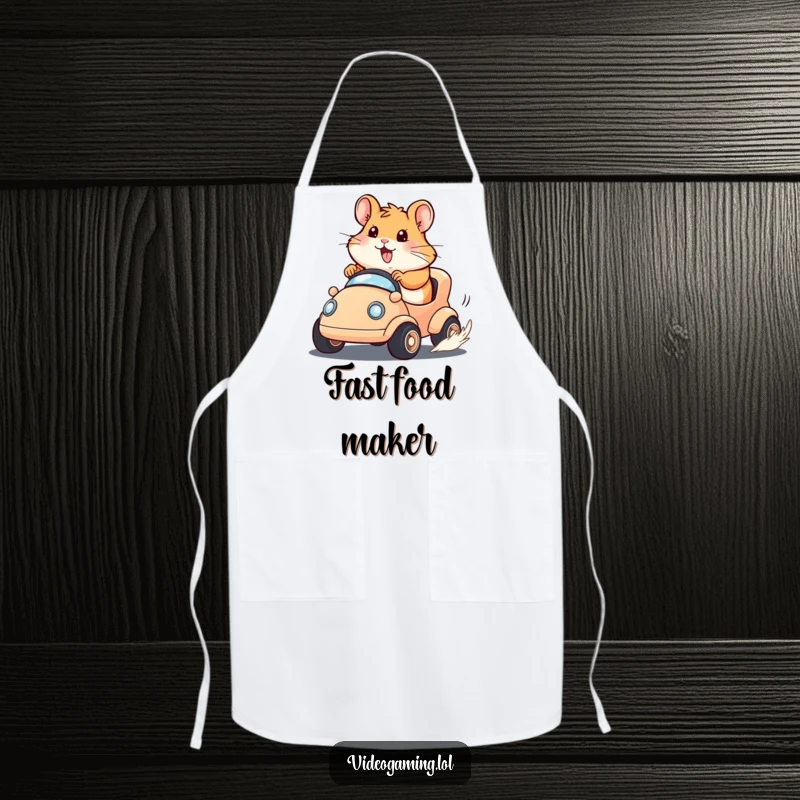 Funny Chef Hamster Apron depicting a happy hamster determinedly racing a tiny virtual vehicle, perhaps while preparing a meal.
