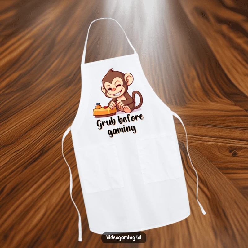 Funny Chef Monkey Apron depicting a mischievous monkey playing a game, with cooking utensils nearby, ready for fun.