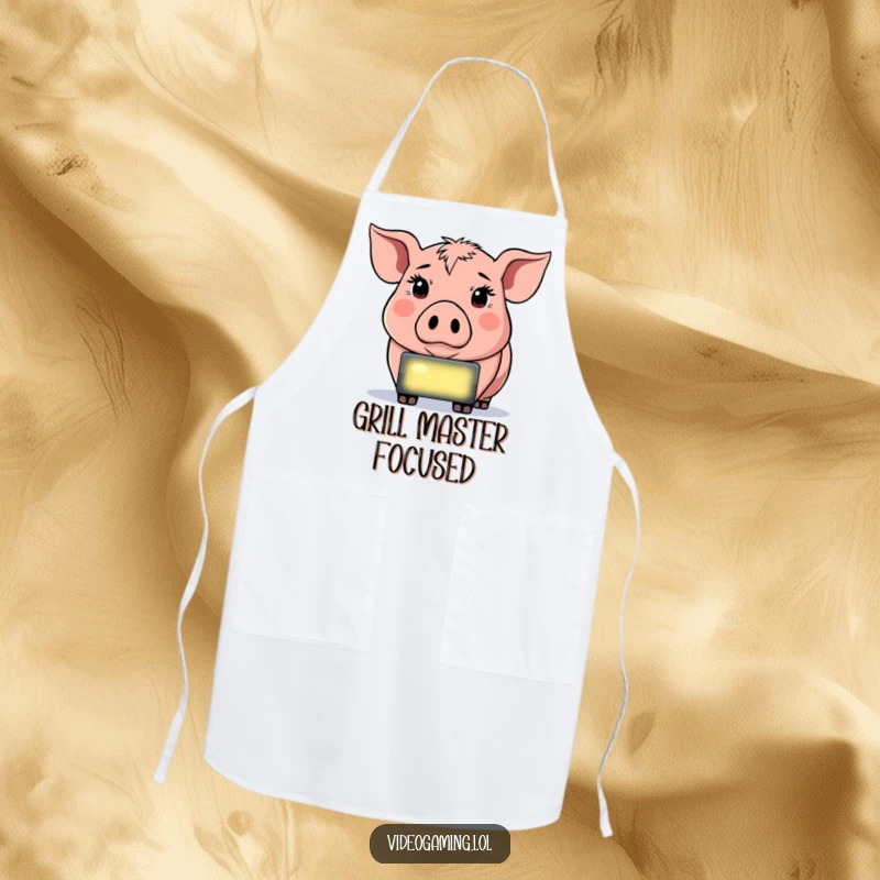 Funny Determined Pig Apron, intensely focused on a glowing screen while in the kitchen, a humorous cooking accessory.