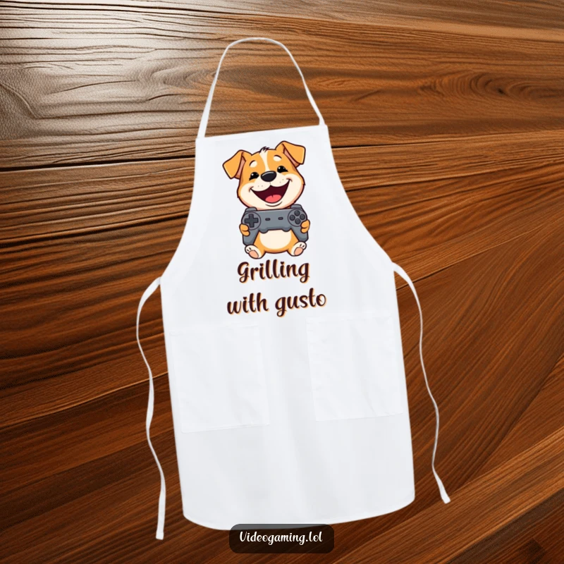 Funny Dog Apron: A playful dog grins widely while holding a controller, ready to assist in the kitchen with cheer.