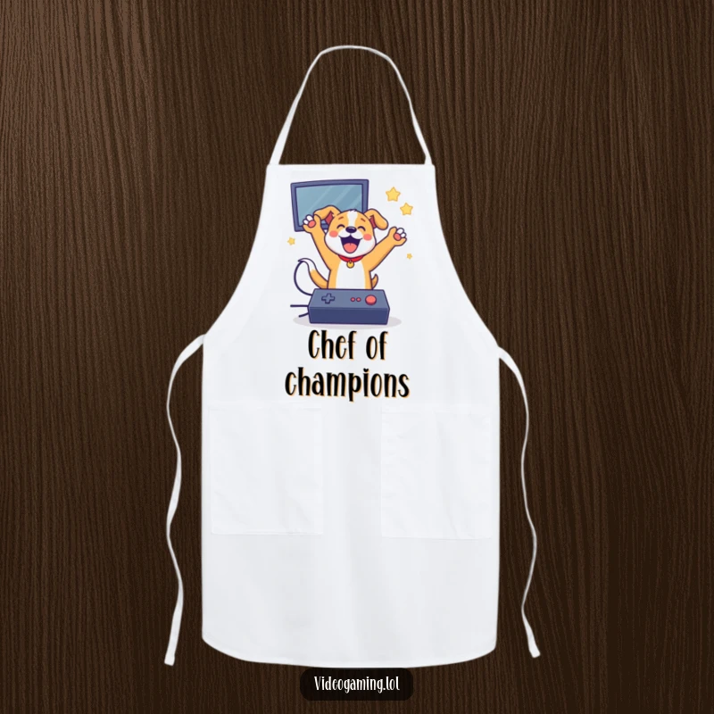 Funny dog gamer apron, celebrating a video game win while cooking, humorous kitchen wear.