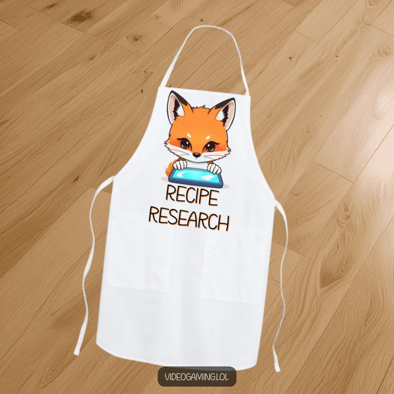 Funny Fox Chef Apron depicting a curious fox intently gazing at a glowing screen, perhaps looking up recipes.