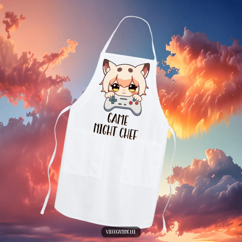 Funny apron showing a curious character intensely focused on a game controller, perhaps while cooking.