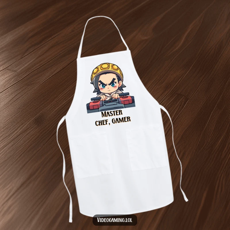 Funny apron showing a determined character intensely focused on a fast-paced game, perhaps while cooking.