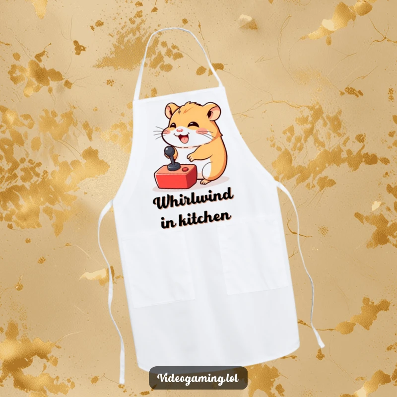 Funny Hamster Gamer Apron: A giggling hamster excitedly moves a tiny joystick, adding fun to culinary adventures.