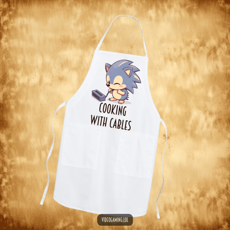 Funny Hedgehog Tech Apron: A comfortable apron with a curious hedgehog comically trying to plug in a console cable, ideal for kitchen techies.
