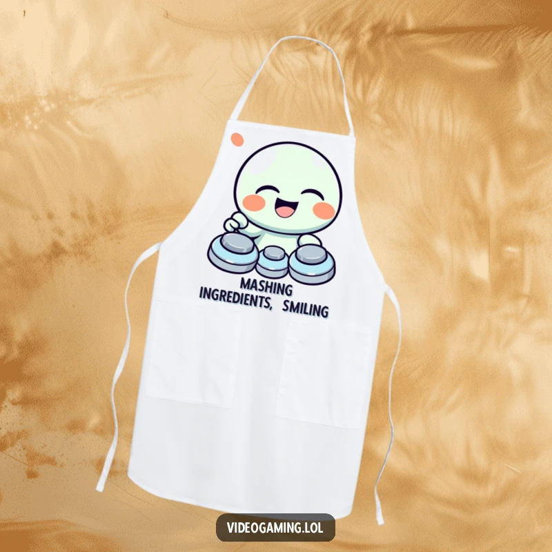 Funny apron showing a giggling character laughing heartily while mashing game buttons, ready to cook.
