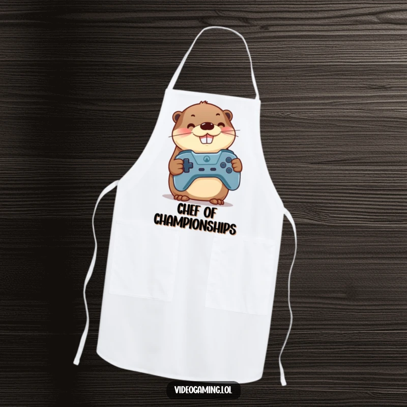 Funny Otter Gamer Apron: A proud otter chef holds a game controller, grinning as they prepare for kitchen battles.