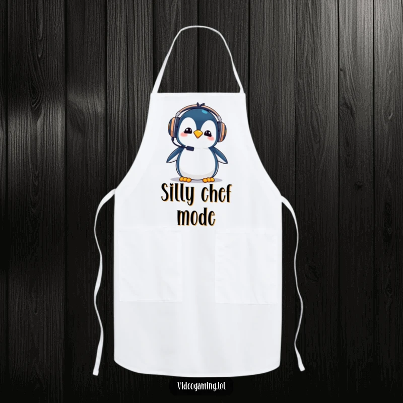 Funny penguin gamer apron, wearing oversized gaming headphones with a goofy expression while cooking.