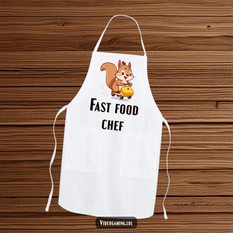 Funny apron showing an energetic squirrel racing a small vehicle with a determined expression.
