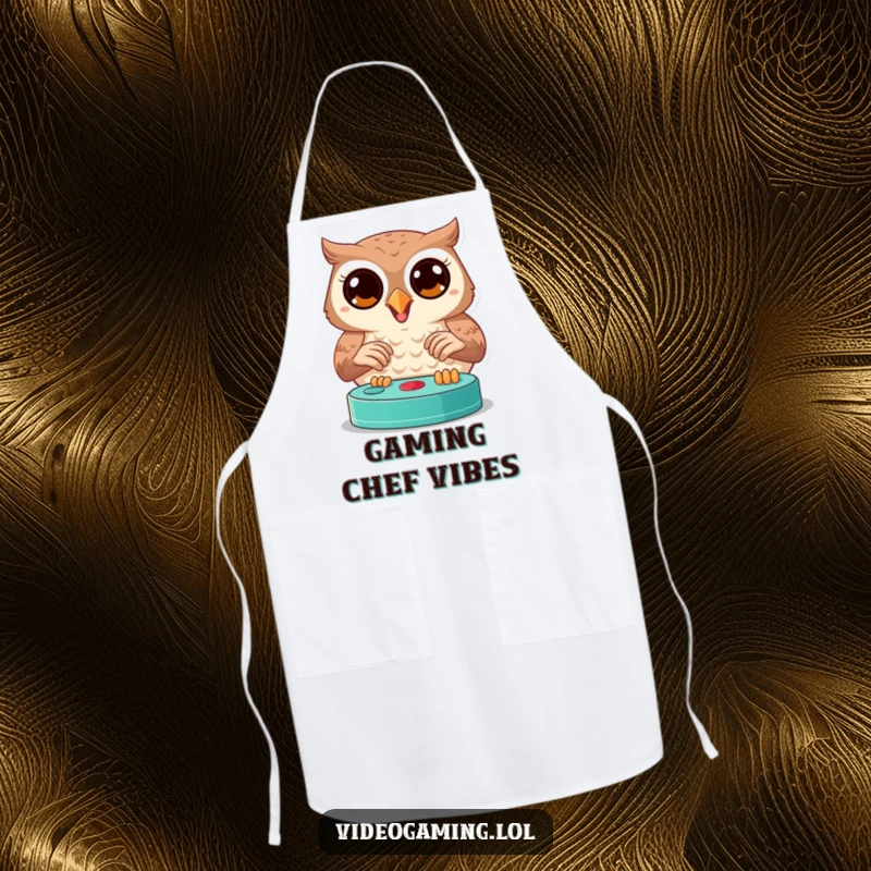 Funny owl apron showing a joyful bird with wide, focused eyes playing a video game, kitchen gamer accessory.