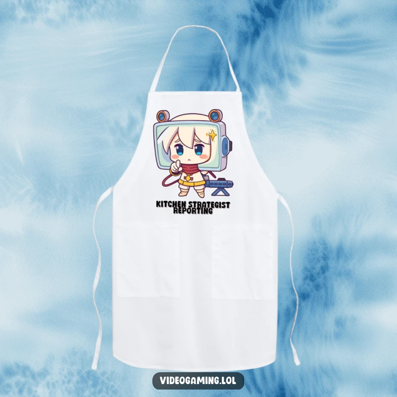 Funny apron showing a strategic character pointing at a screen with concentration, a humorous kitchen accessory for precise cooks.