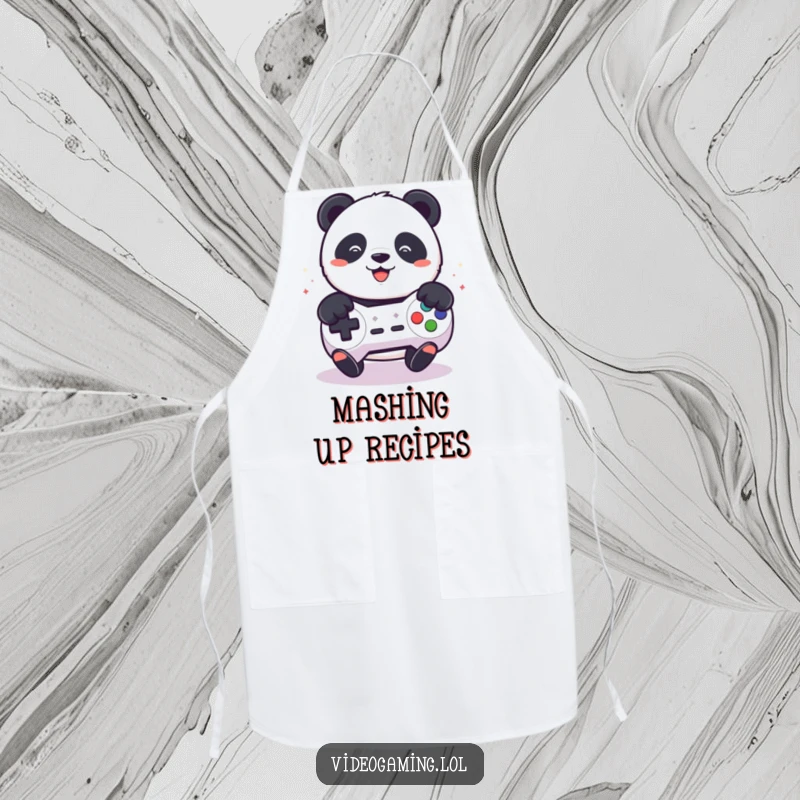 Funny apron showing a playful panda intensely mashing buttons on a game controller, ready to tackle any recipe.