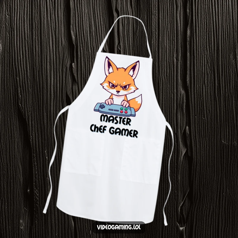 Funny fox gamer apron, depicting intense focus on a game screen, for cooking with gamer spirit.