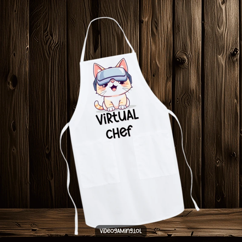 Funny VR cat apron: A cheerful cat wearing a VR headset, ready for virtual kitchen adventures. Perfect funny gift.