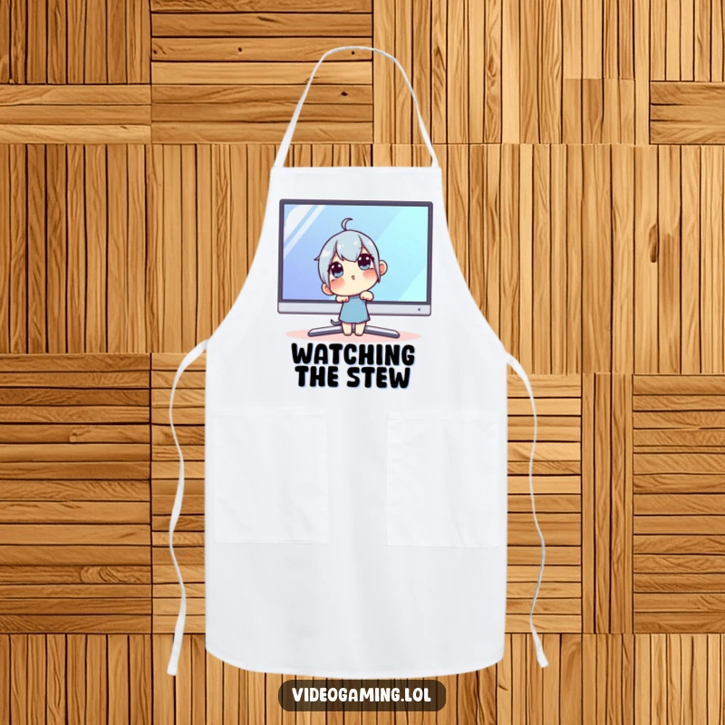Funny Techie Apron: A curious character focused on a large monitor while wearing a protective apron, for humorous cooking.