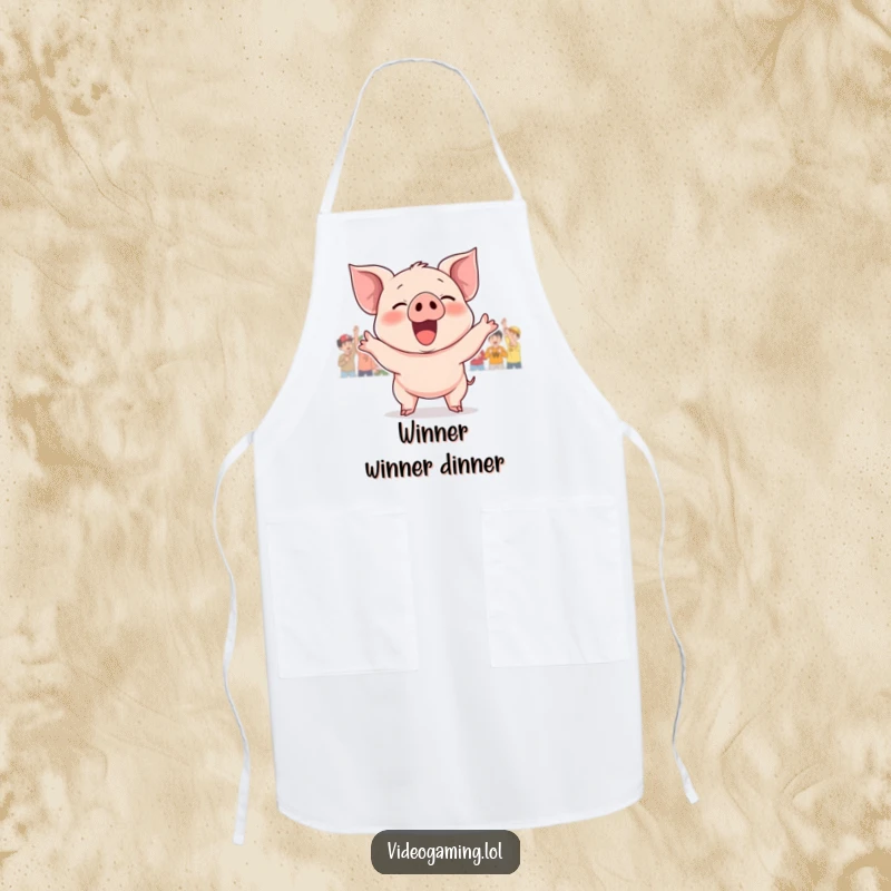 Funny apron showing a piglet cheering loudly after winning a game. Perfect for kitchen use.