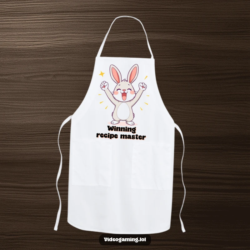 Funny apron showing a playful bunny in a triumphant pose, celebrating kitchen victories with humorous style.