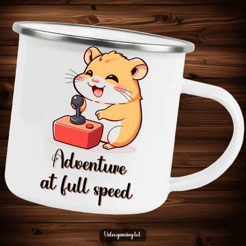 Funny Hamster Gamer Camping Mug: A giggling hamster enthusiastically operates a tiny joystick, perfect for the outdoors.