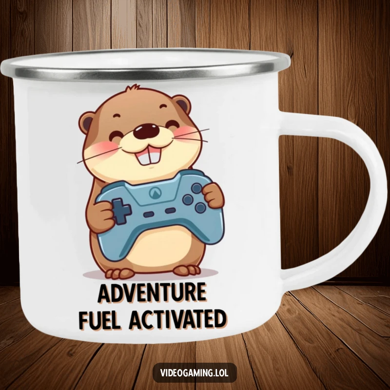 Funny Otter Gamer Camping Mug: A proud otter with a big grin holds a game controller, ready for campfire gaming.