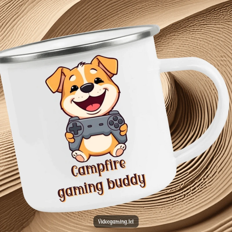 Funny Dog Camping Mug: A playful dog grins widely holding a controller, ready for outdoor gaming adventures.