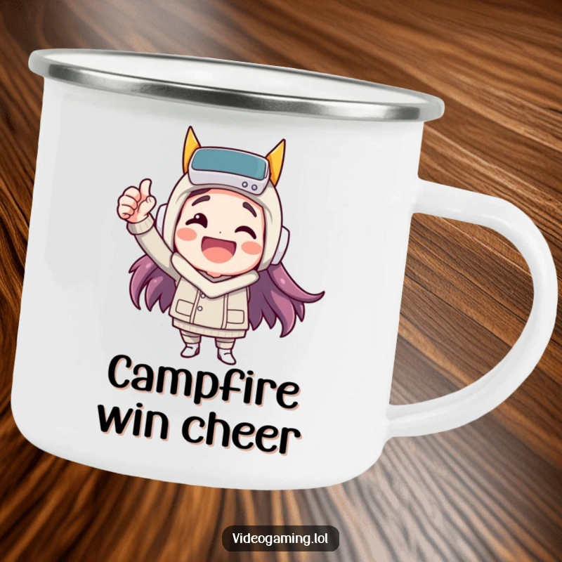 Funny camping mug featuring a happy character celebrating a virtual victory with a fist pump, blending outdoor fun and joy.