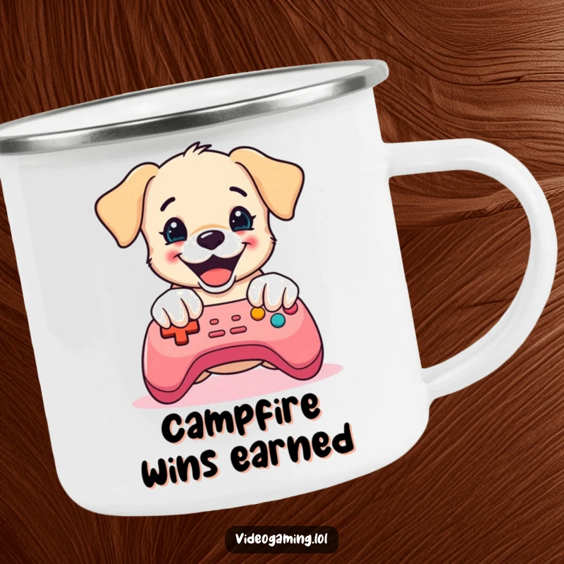 Funny Puppy Gaming Camping Mug: A delighted puppy mashes game controller buttons, ready for hot drinks on any adventure.