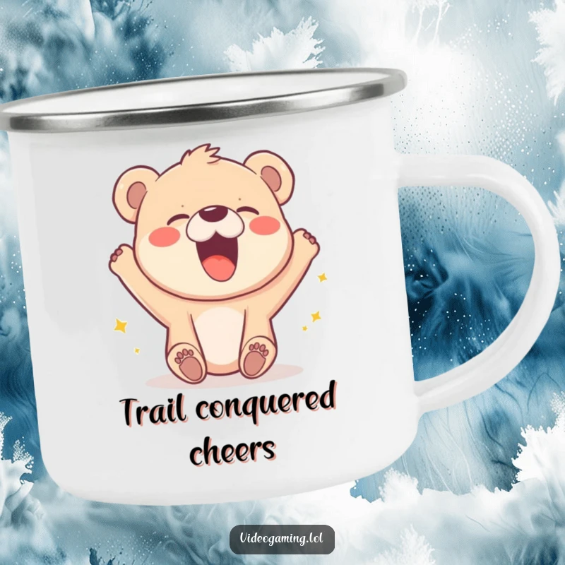 Funny camping mug with a gleeful bear cub laughing hysterically at a pixelated character’s winning moment outdoors.