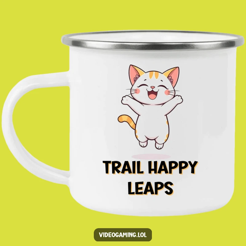 Funny Camping Mug: Cheerful Cat Jumping with Excitement Under the Stars