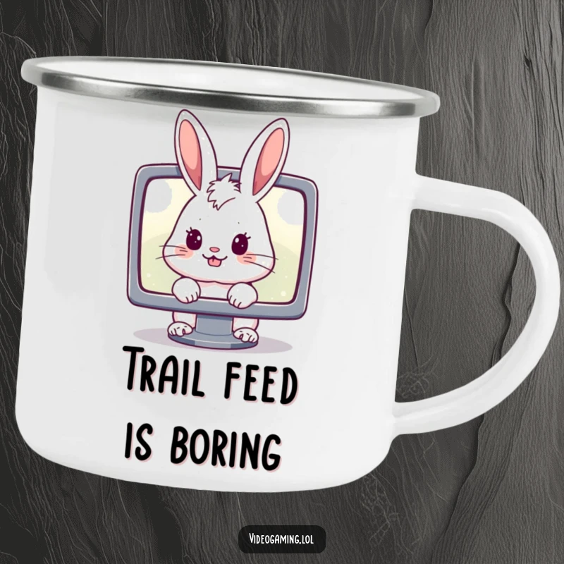 Funny enamel camping mug featuring a cheerful rabbit staring intently at a glowing monitor, ideal for humorous gamer outings.