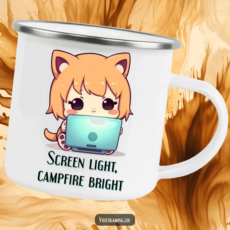 Funny camping mug featuring a curious character staring at a glowing screen, blending outdoor life with digital humor.