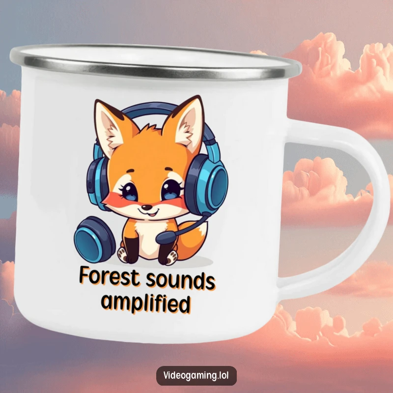 Funny enamel camping mug featuring a curious fox smiling at a gaming headset, ideal for humorous gamer outings.