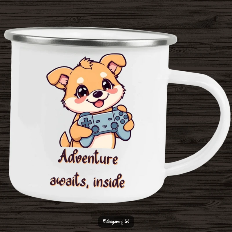 Funny camping mug with a happy dog holding a controller, perfect for enjoying drinks outdoors with gaming humor.