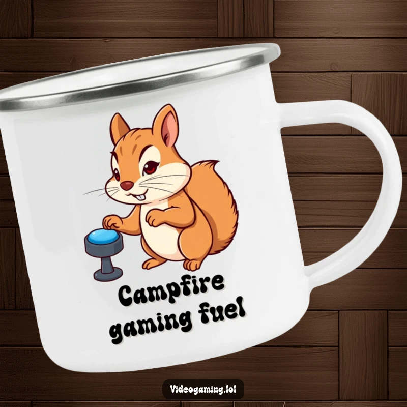 Funny camping mug showing a determined squirrel furiously mashing virtual buttons during gaming, perfect for outdoor adventures and a good chuckle.