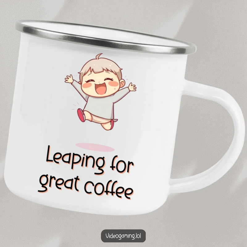 Funny camping mug featuring a giggling character attempting a large, clumsy jump, perfect for outdoor enthusiasts.