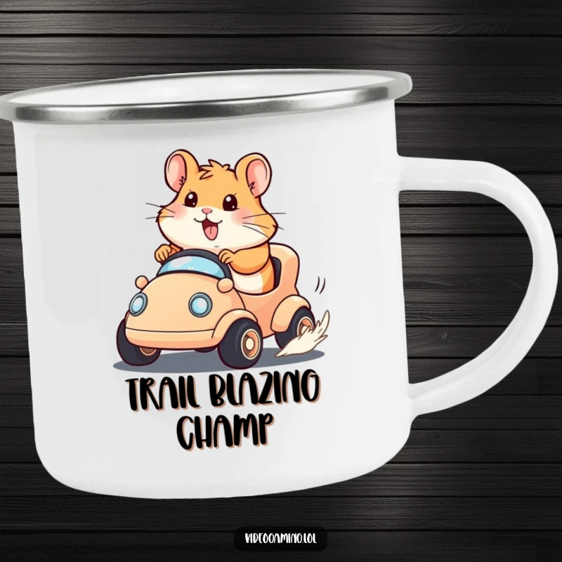 Funny Hamster Racer Camping Mug with a happy hamster determinedly racing a tiny virtual vehicle, perfect for the adventurous spirit.