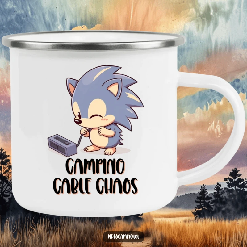 Funny Hedgehog Tech Camping Mug: A durable enamel cup with a curious hedgehog comically trying to plug in a console cable, for tech lovers.