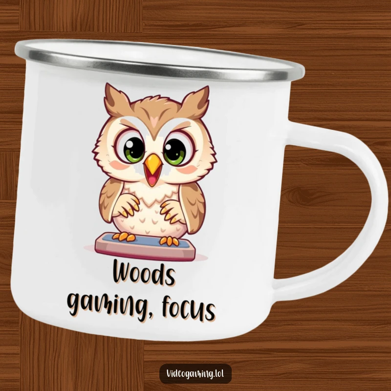 Funny Owl Camping Mug: A joyful owl plays a game with wide, focused eyes, ready for focused outdoor adventures.