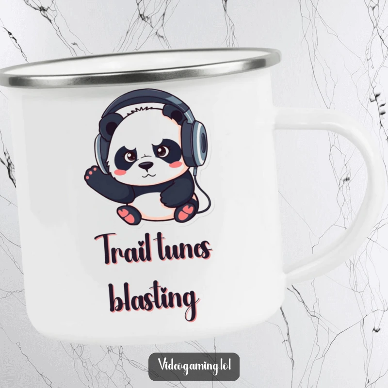Funny camping mug featuring a determined panda wearing oversized headphones, perfect for focused outdoor enjoyment.