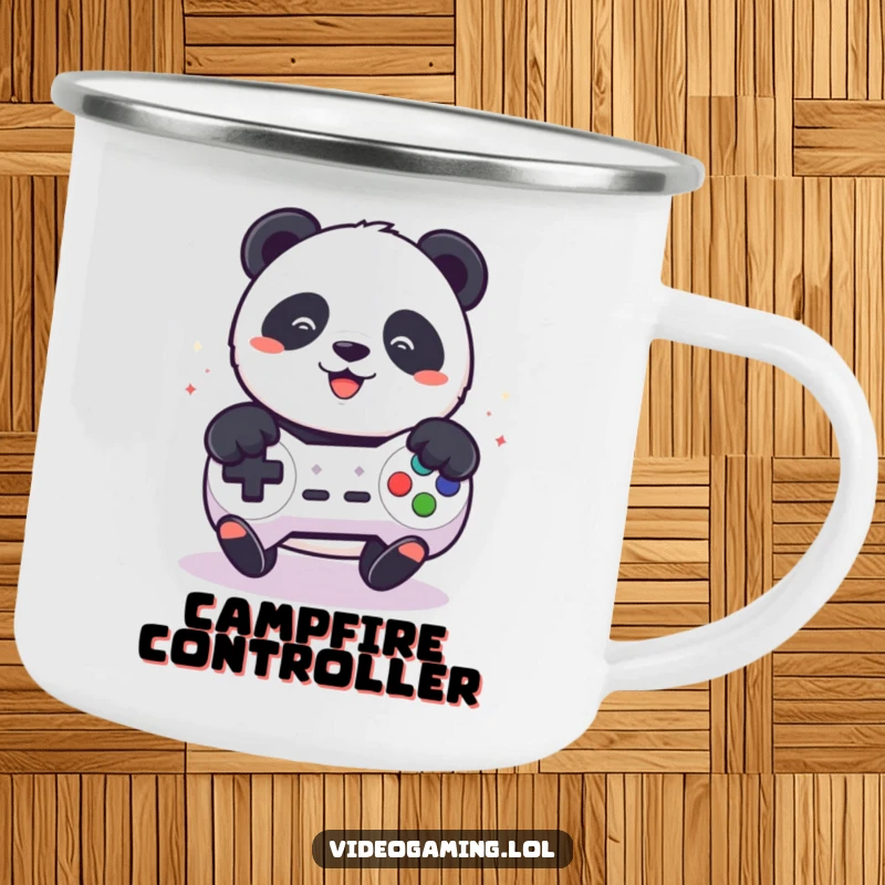 Funny camping mug illustration of a playful panda enthusiastically mashing buttons on a game controller.