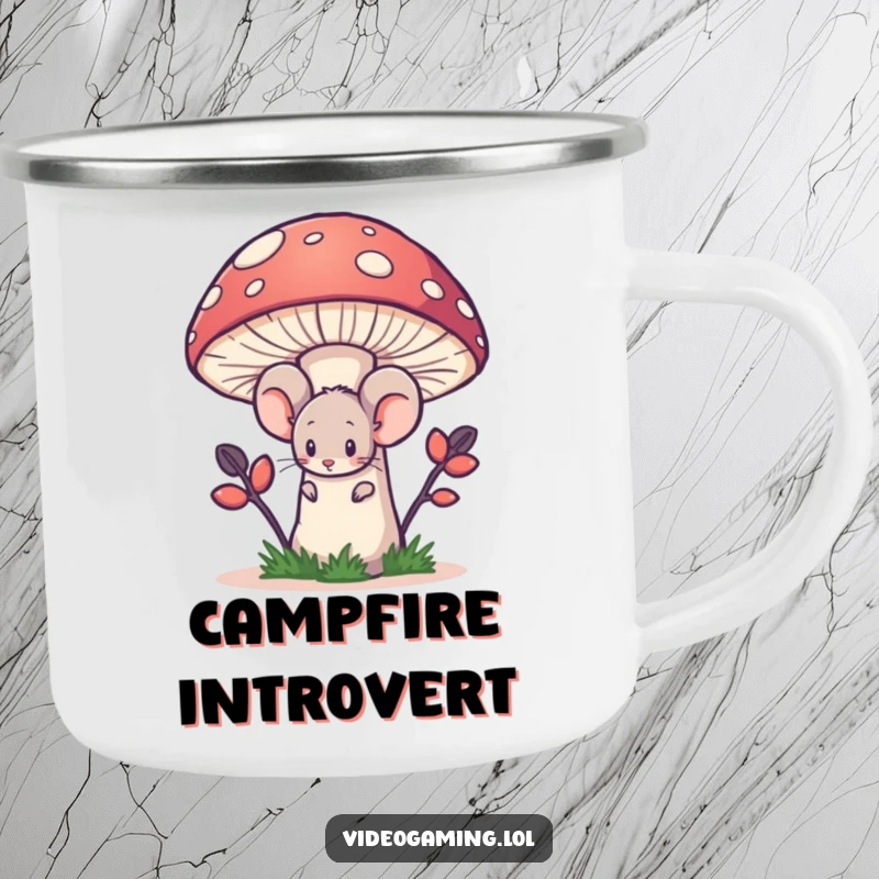 Funny camping mug with a shy mouse character hiding behind a giant pixelated mushroom in an outdoor setting.