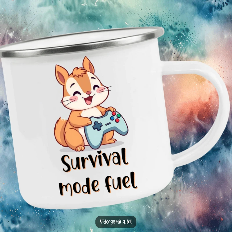 Funny squirrel intensely playing a video game, depicted on a sturdy camping mug for hilarious sips.