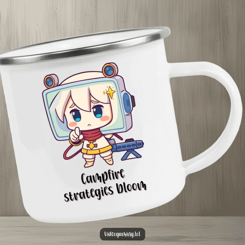 Funny camping mug featuring a strategic character pointing at a screen with concentration, blending focus and outdoor fun.