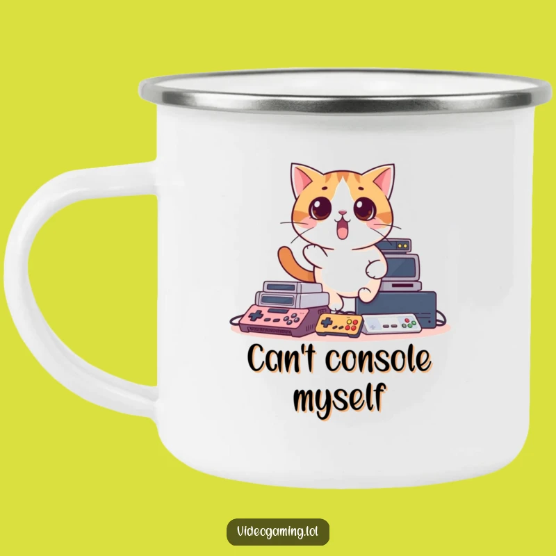 Funny Surprised Cat Camping Mug: Rugged Gamer Gear for Console Chaos