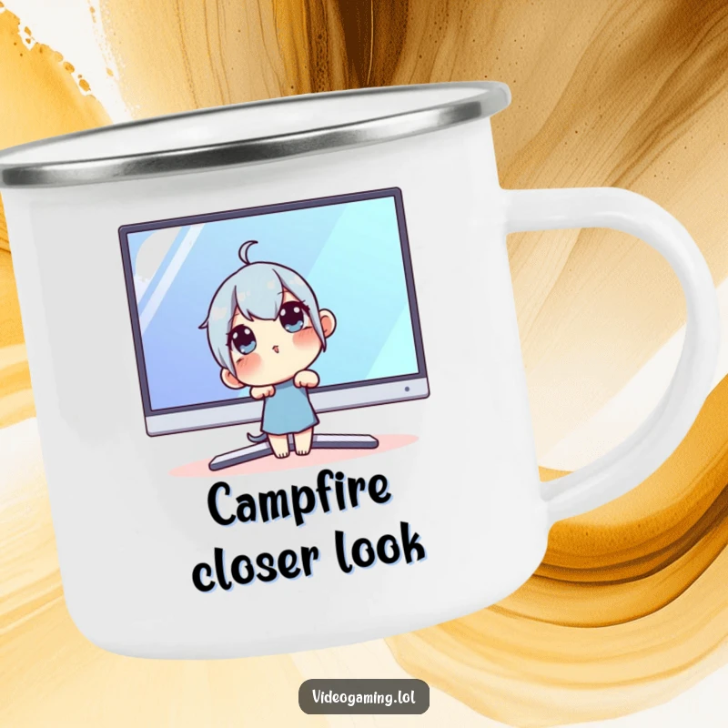 Funny Techie Camping Mug: A curious character leaning towards a large monitor, ready for outdoor tech exploration.