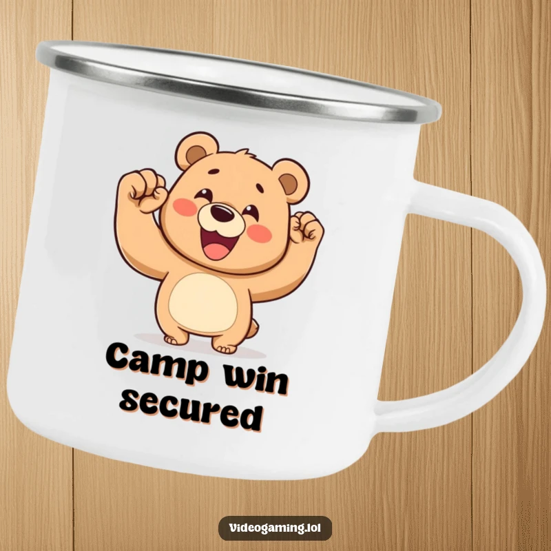 Funny camping mug illustration of a happy bear triumphantly pumping its fist in the air.